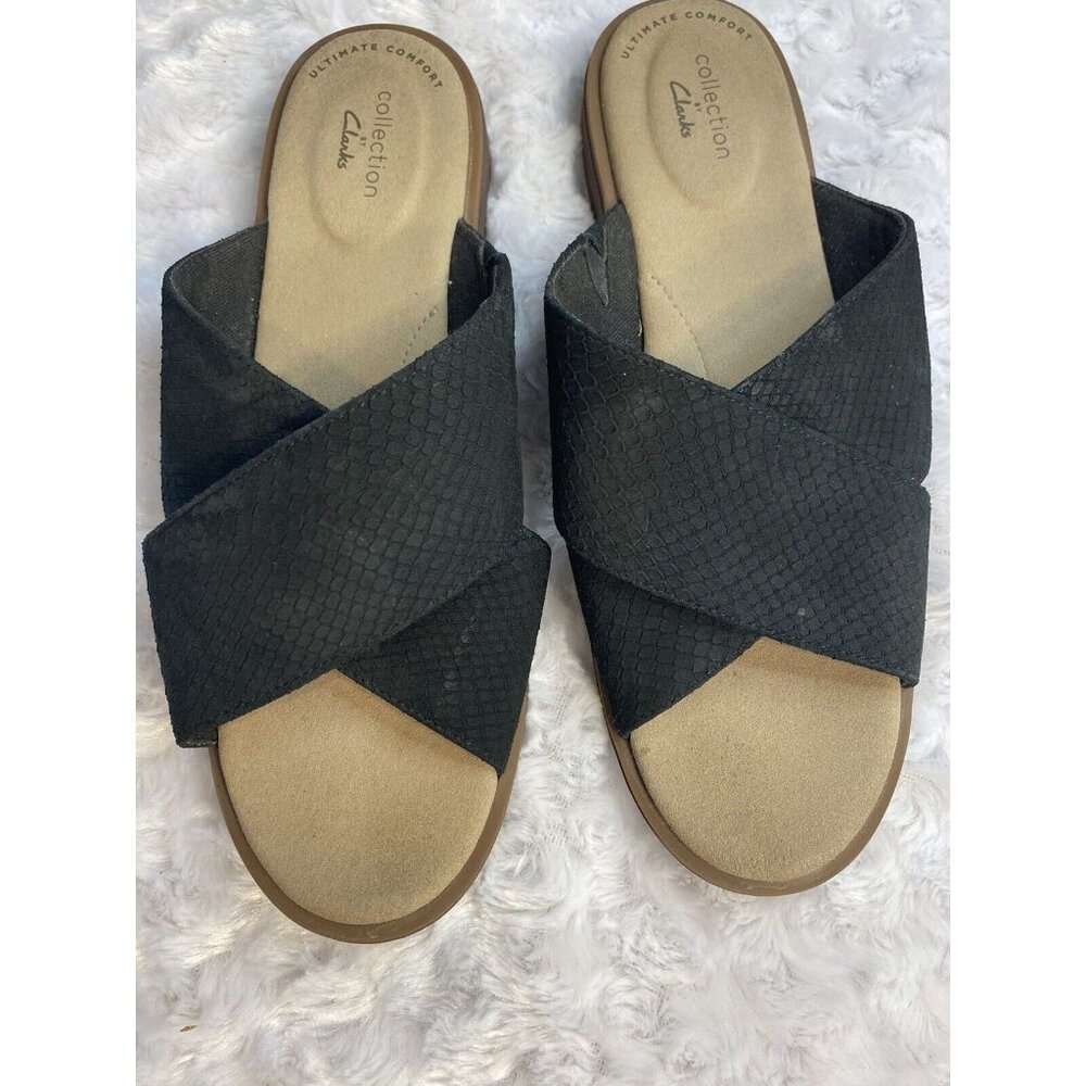 Clark’s Size 8 Flat Womens Slip On Sandals Black Faux Suede Muted Snakeskin - Picture 1 of 7
